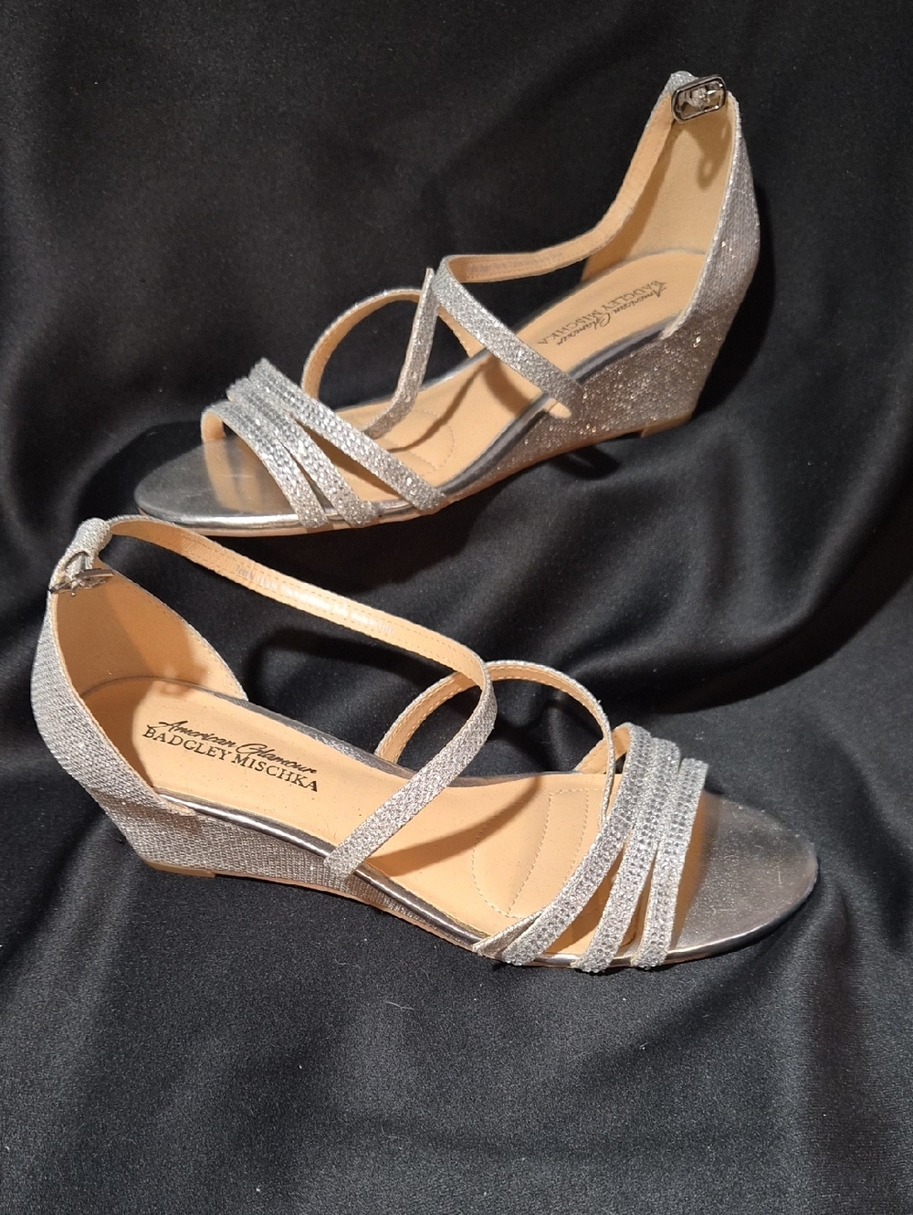 Badgley Mischka Silver Glitter Strappy Wedge Sandals